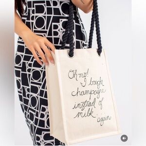 NWT Wine Champagne Canvas Cream Tote Bag with Black Rope Handles